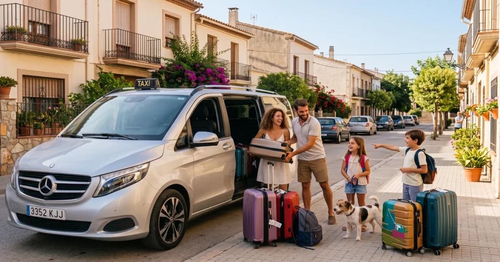Familia con niños y maletas subiendo a un taxi monovolumen Mercedes en una calle del Vallès Oriental