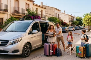 Familia con niños y maletas subiendo a un taxi monovolumen Mercedes en una calle del Vallès Oriental