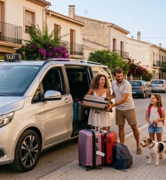 Familia con niños y maletas subiendo a un taxi monovolumen Mercedes en una calle del Vallès Oriental