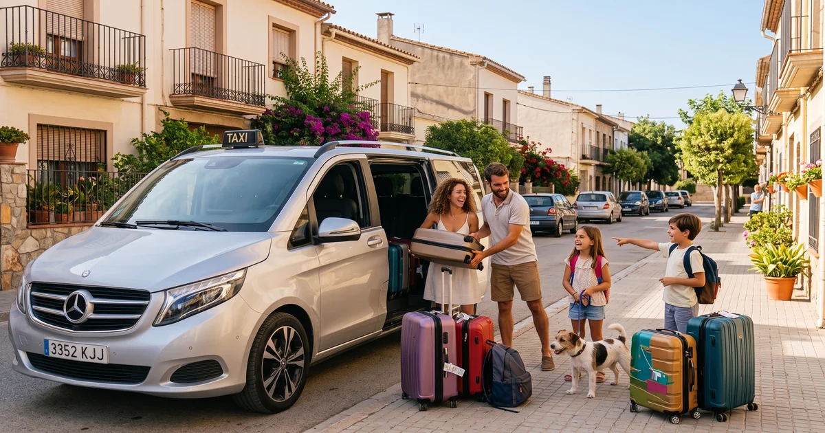 Familia con niños y maletas subiendo a un taxi monovolumen Mercedes en una calle del Vallès Oriental