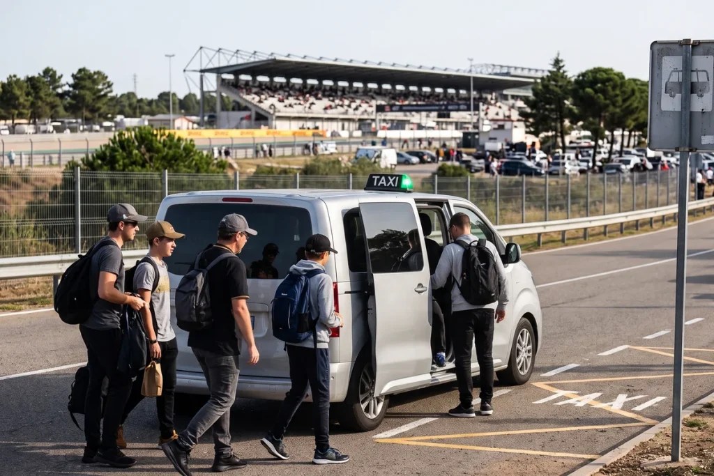 Grupo de aficionados subiendo a un taxi junto al Circuit de Catalunya